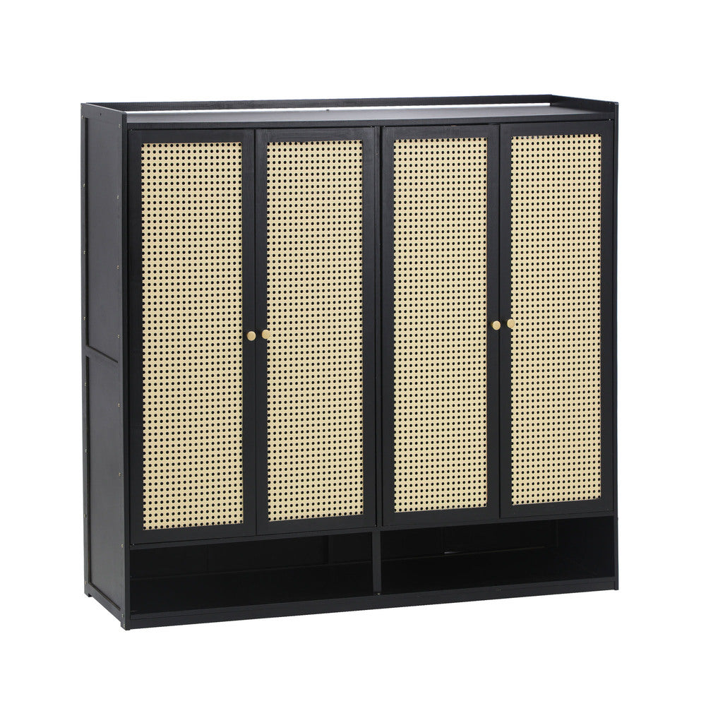 Oikiture Shoe Storage Cabinet 4 Doors Rattan Black