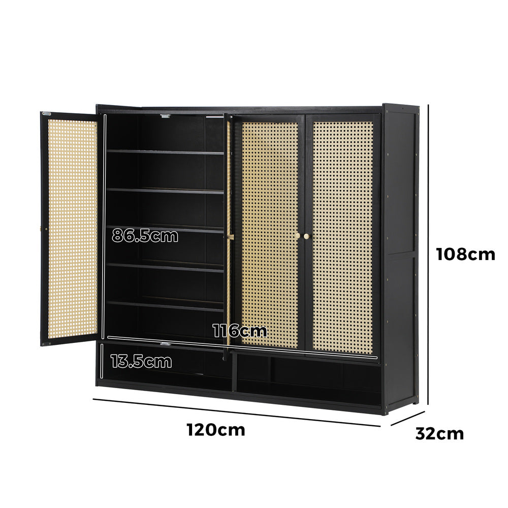 Oikiture Shoe Storage Cabinet 4 Doors Rattan Black