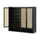Oikiture Shoe Storage Cabinet 4 Doors Rattan Black - Front View