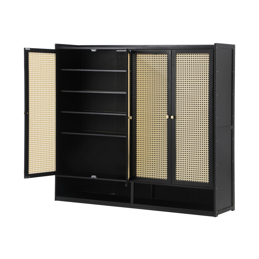 Oikiture Shoe Storage Cabinet 4 Doors Rattan Black, Storage