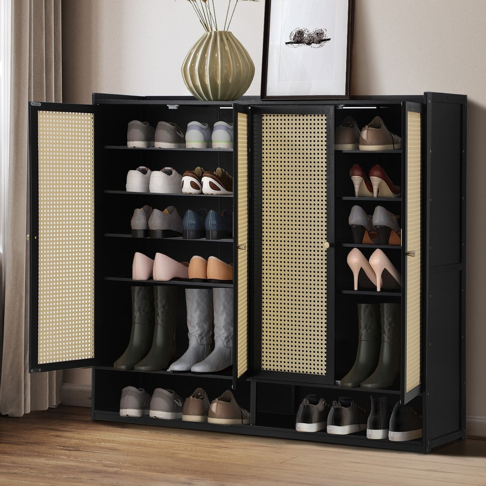 Oikiture Shoe Storage Cabinet 4 Doors Rattan Black
