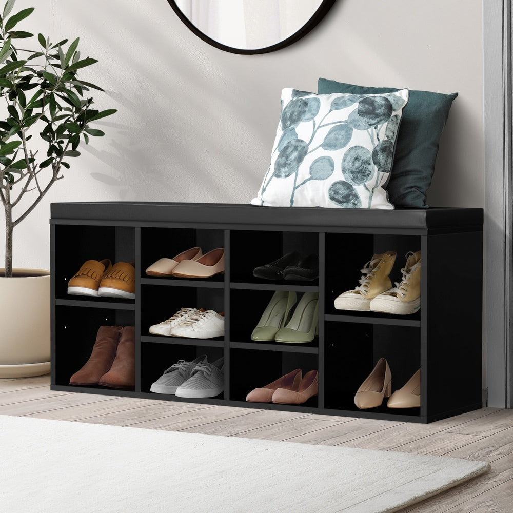 Oikiture Shoe Bench 105cm with Leather Seat Black