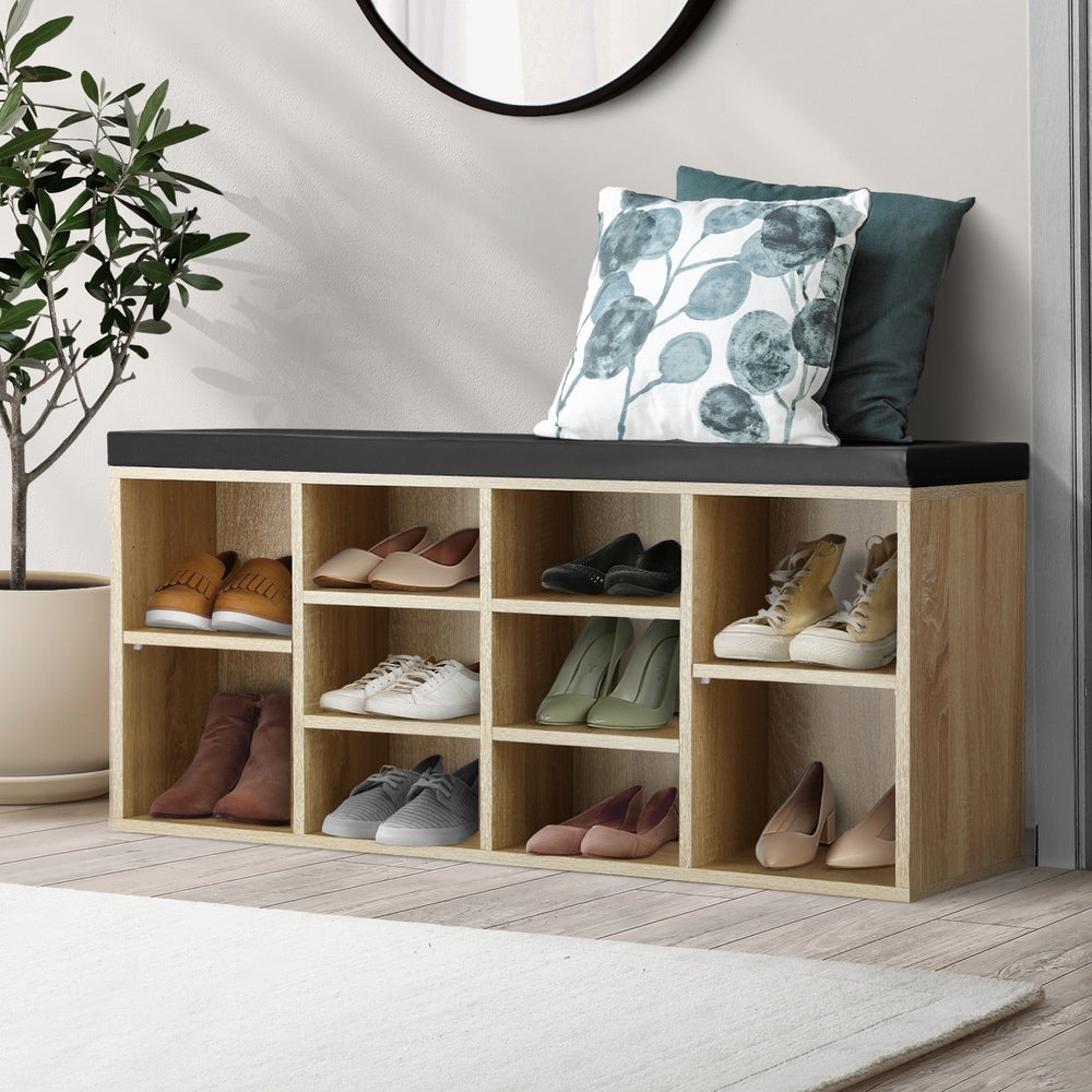 Oikiture Shoe Bench 105cm with Leather Seat Black&Wooden