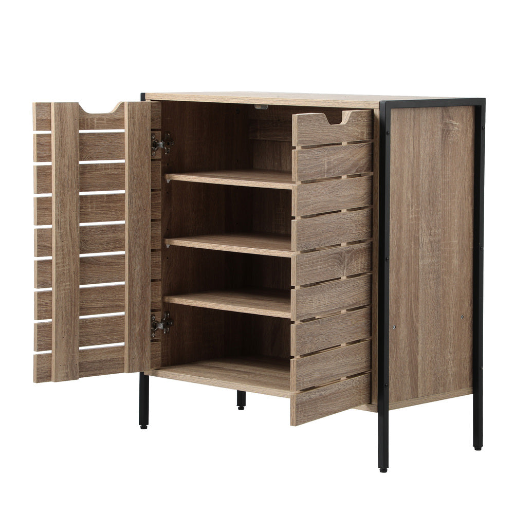 Oikiture Shoes Storage Cabinet 2 Slatted Doors 4 Shelves Brown
