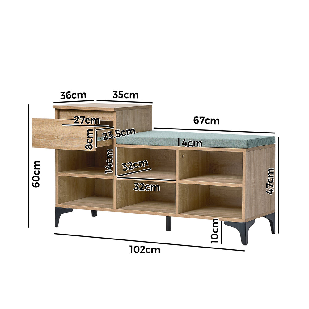 Oikiture Shoe Cabinet Bench Storage Drawer 6 Shelves Polyester Seat