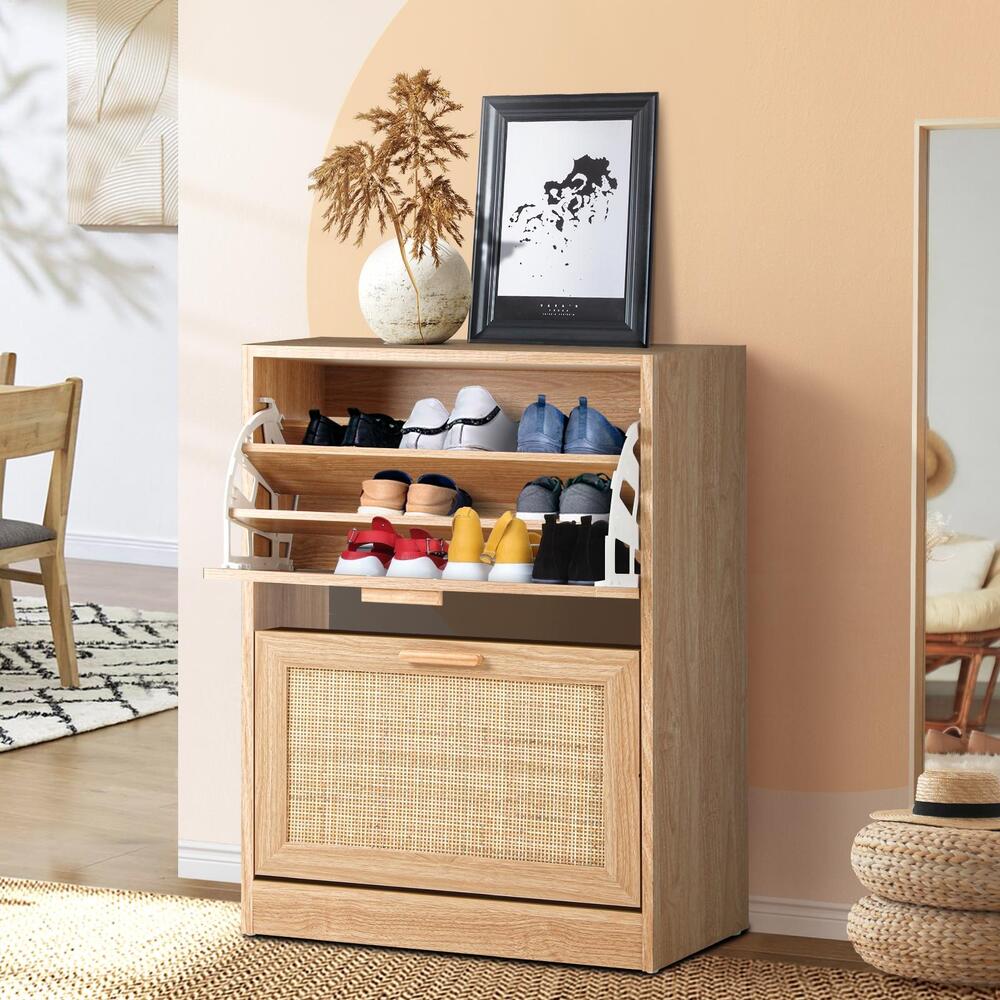 Oikiture Shoe Cabinet 2 Compartment with Rows Rattan Doors