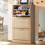 Oikiture Shoe Cabinet 3 Compartment with Rows Rattan Doors