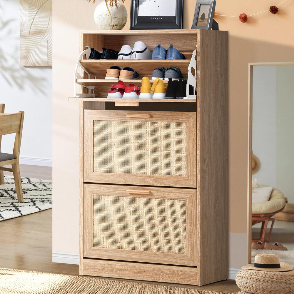 Oikiture Shoe Cabinet 3 Compartment with Rows Rattan Doors