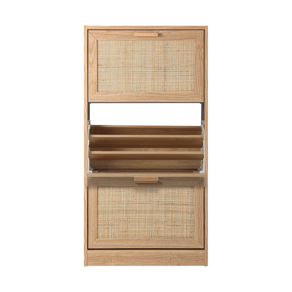 Oikiture Shoe Cabinet 3 Compartment with Rows Rattan Doors