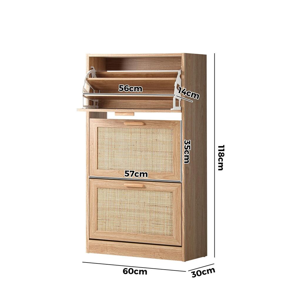 Oikiture Shoe Cabinet 3 Compartment with Rows Rattan Doors