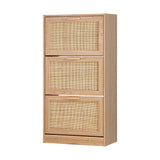 Oikiture Shoe Cabinet 3 Compartment with Rows Rattan Doors