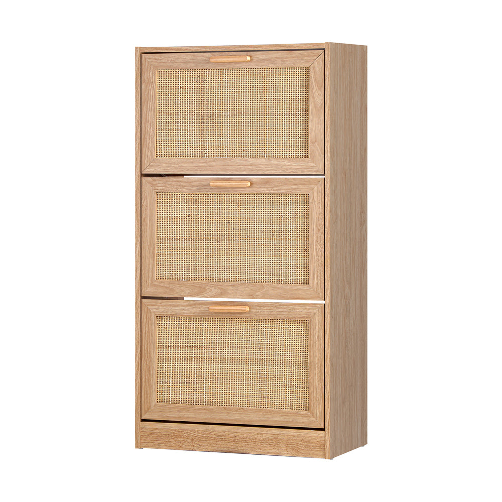 Oikiture Shoe Cabinet 3 Compartment with Rows Rattan Doors