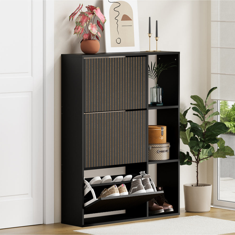 Oikiture Shoe Rack Storage Cabinet with Display Shelves Black