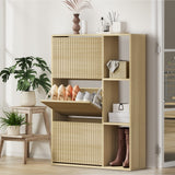 Oikiture Shoe Rack Storage Cabinet with Display Shelves Natural - Close-Up Angle