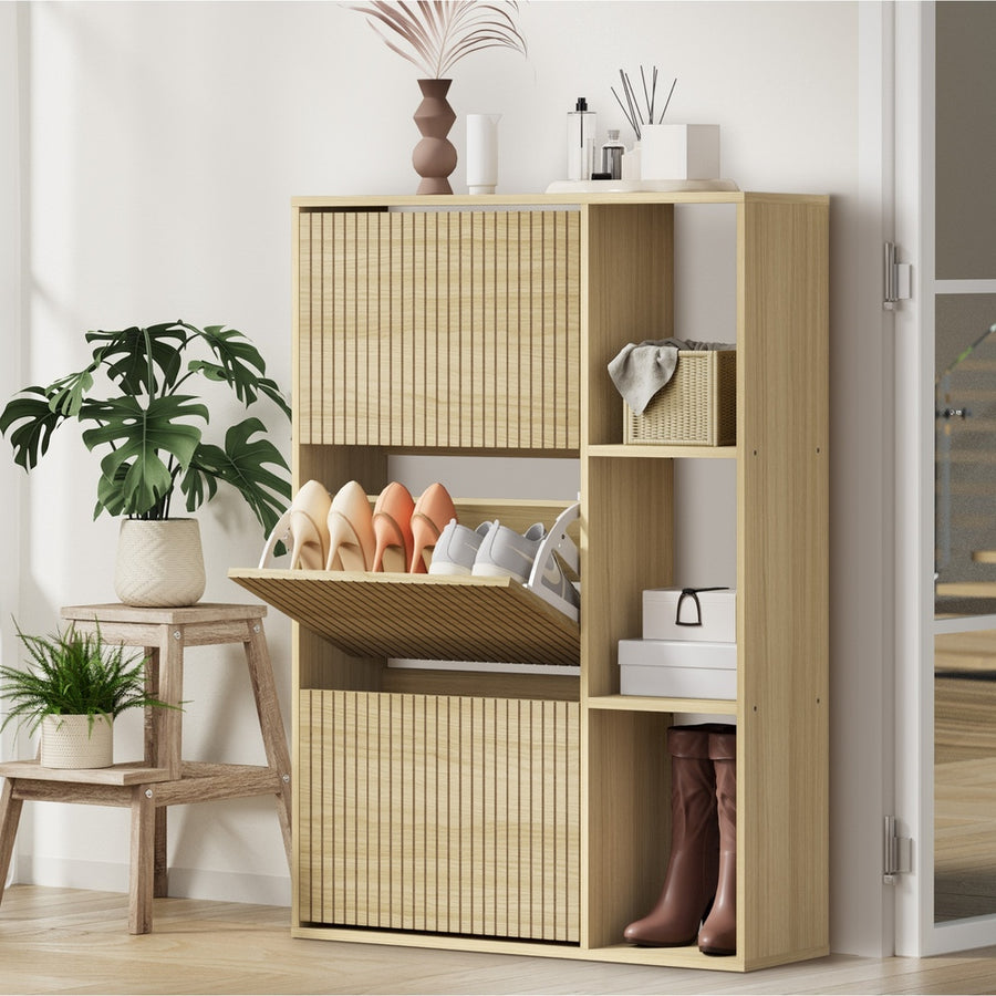 Oikiture Shoe Rack Storage Cabinet with Display Shelves Natural