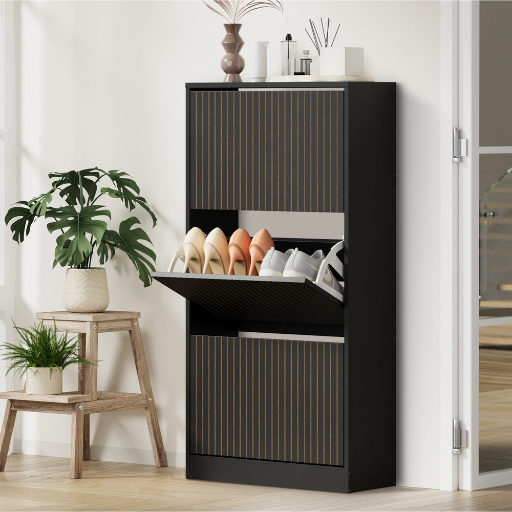 Oikiture Shoe Rack Storage Cabinet 3 Compartments Black