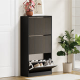 Oikiture Shoe Rack Storage Cabinet 3 Compartments Black - Side View