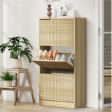 Oikiture Shoe Rack Storage Cabinet 3 Compartments Natural - Front View