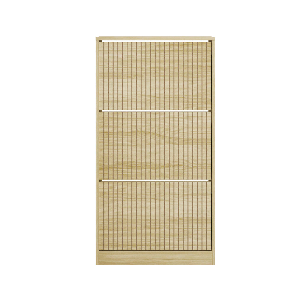 Oikiture Shoe Rack Storage Cabinet 3 Compartments Natural