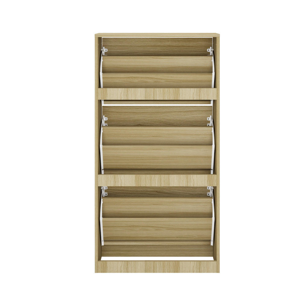 Oikiture Shoe Rack Storage Cabinet 3 Compartments Natural