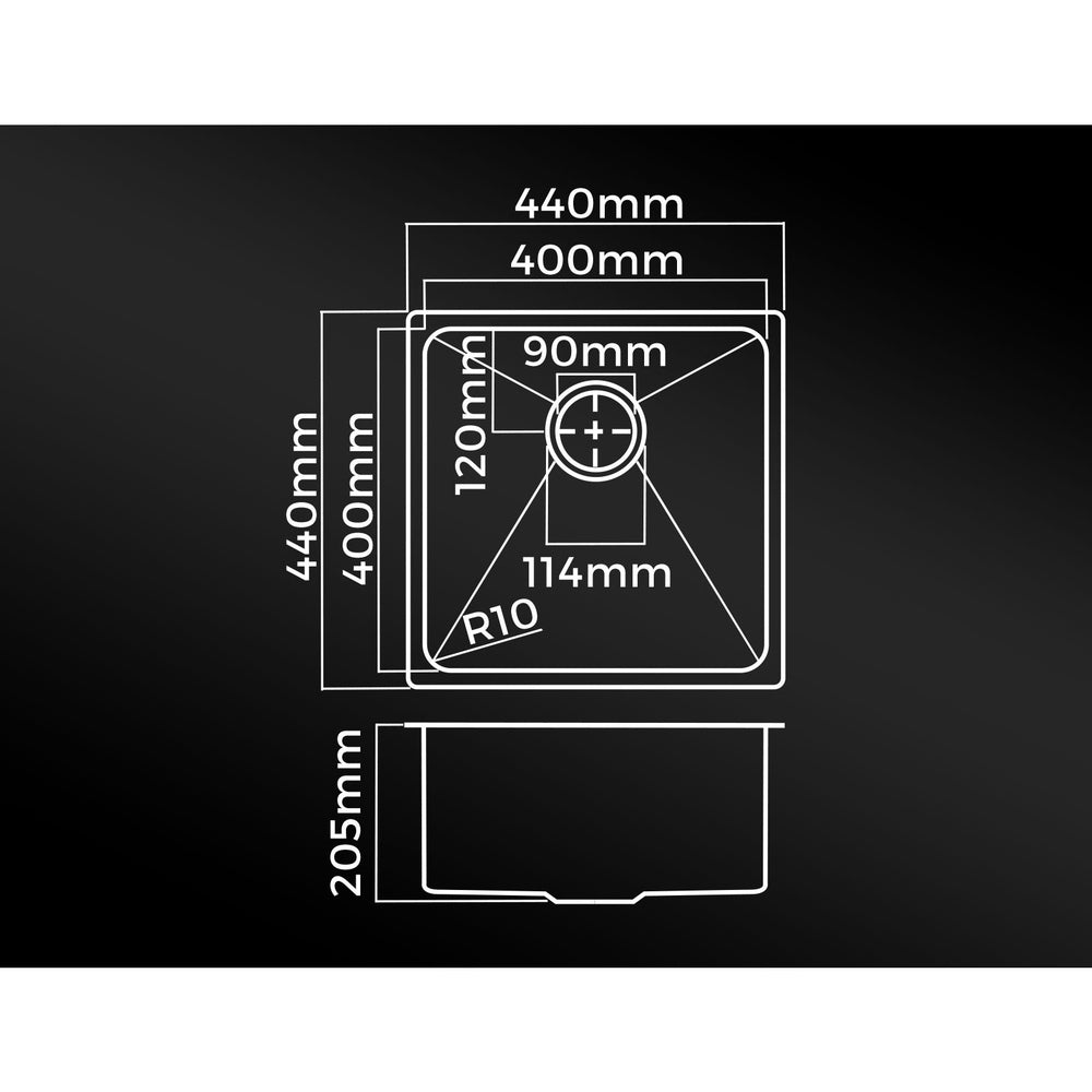 Welba 44X44CM Stainless Steel Sink Single Bowl with Waste Black