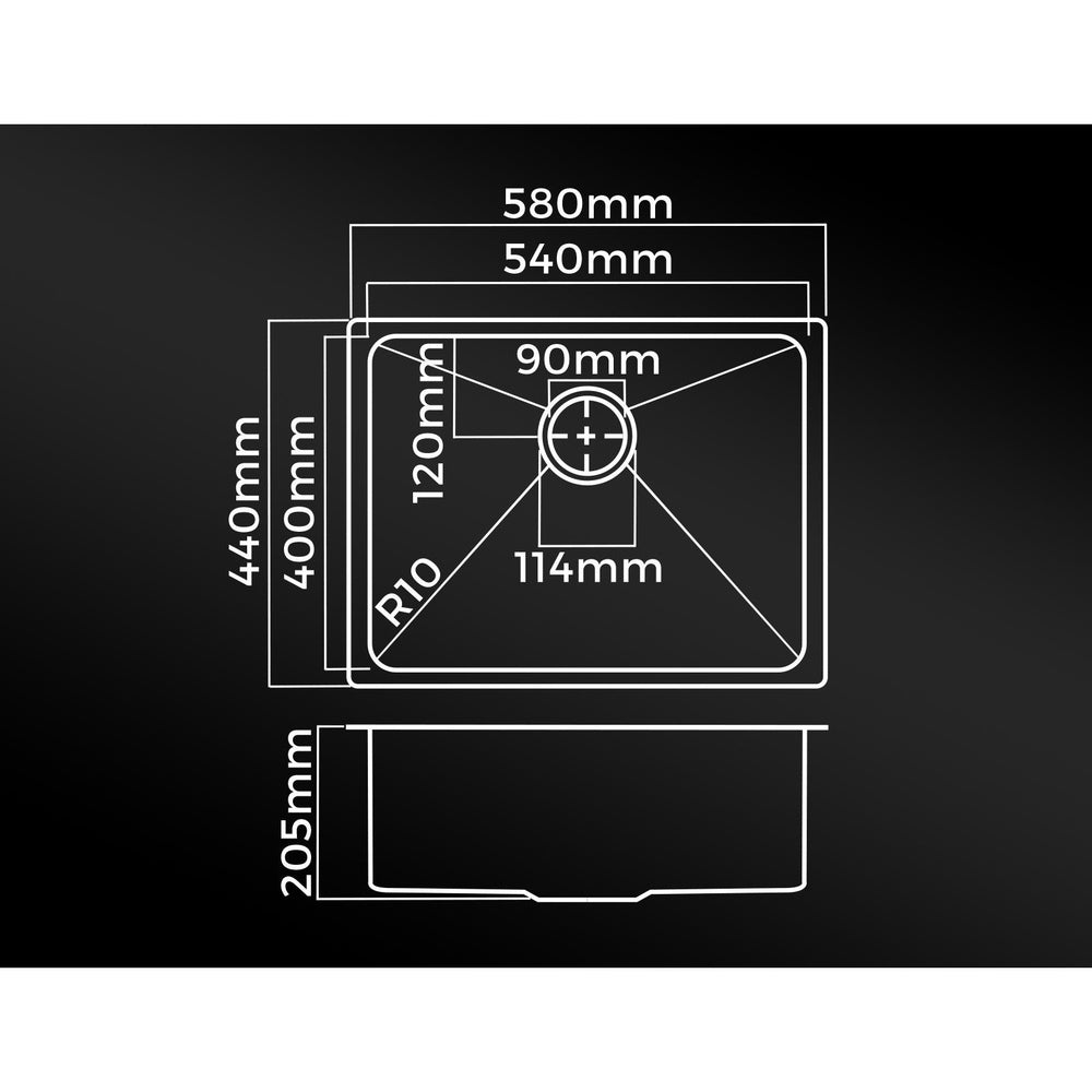 Welba 58X44CM Stainless Steel Sink Single Bowl with Waste Black