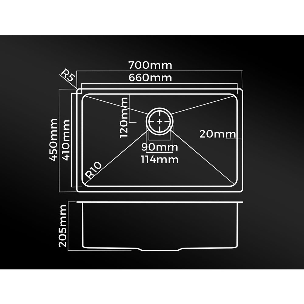 Welba 70X45CM Stainless Steel Sink Single Bowl with Waste Black