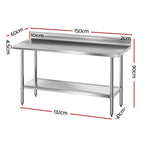Cefito 1500mm stainless steel kitchen bench with splashback and undershelf, integrated splashback