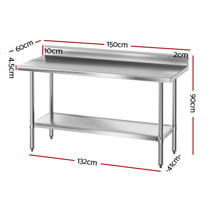 Cefito 1500mm stainless steel kitchen bench with splashback and undershelf, integrated splashback