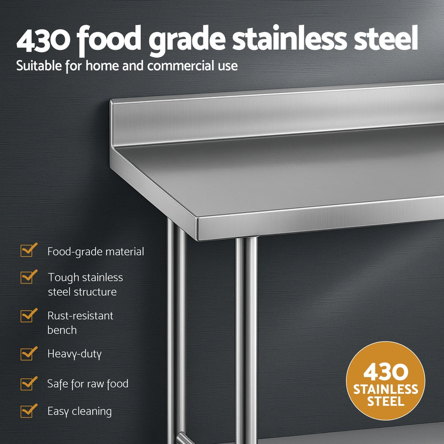 Cefito 1500mm stainless steel kitchen bench with splashback and undershelf, adjustable bullet feet