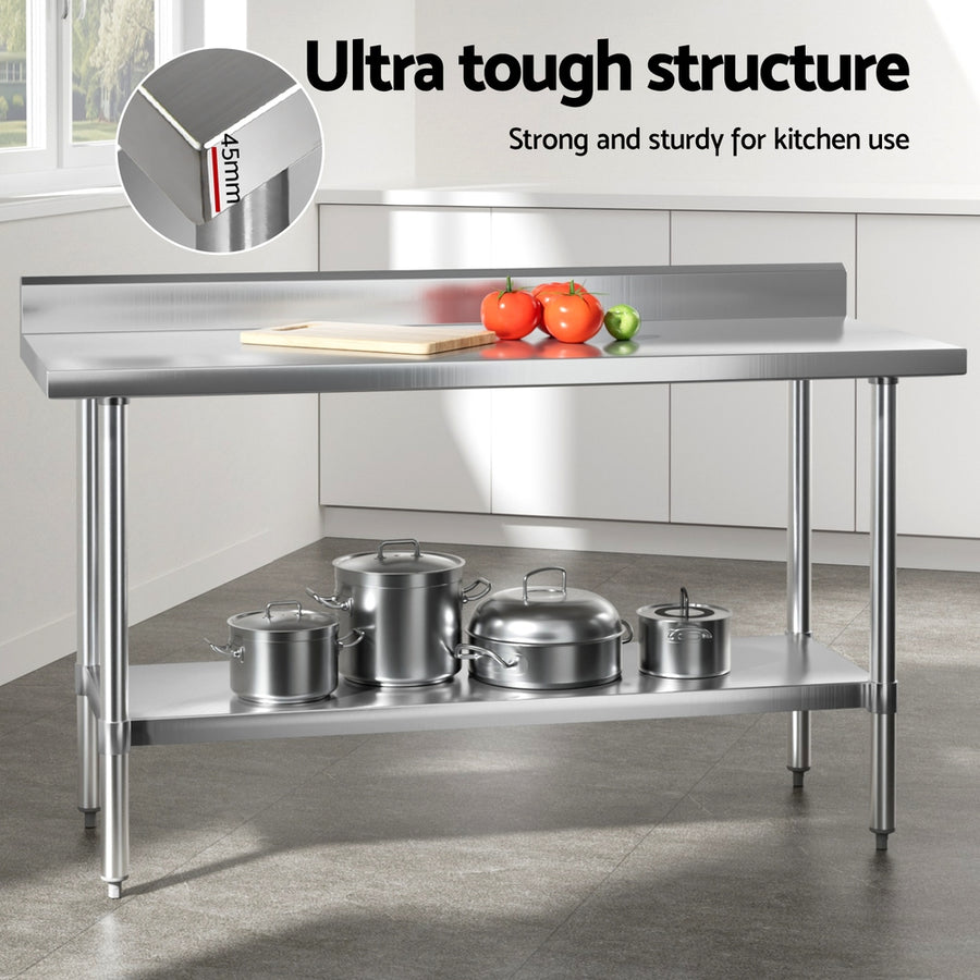 Cefito 1500mm stainless steel kitchen bench with splashback and undershelf, galvanised steel legs