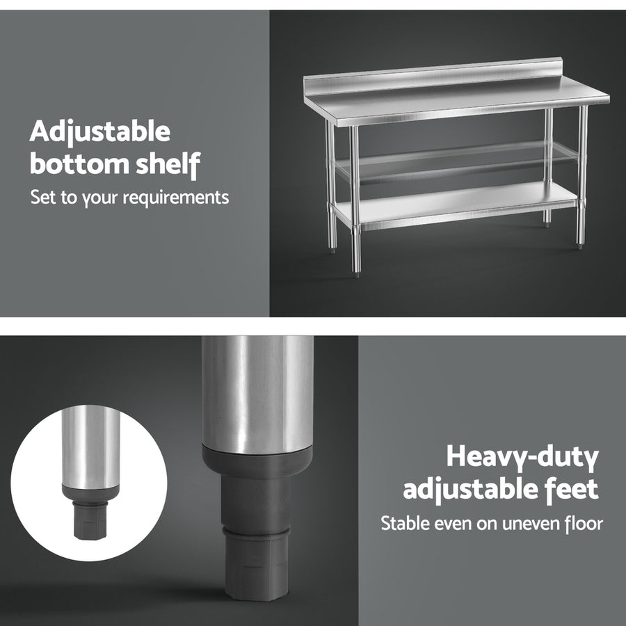 Cefito 1500mm stainless steel kitchen bench with splashback and undershelf, image 6