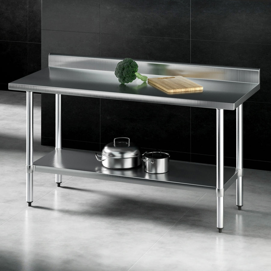 Cefito 1500mm stainless steel kitchen bench with splashback and undershelf, image 7