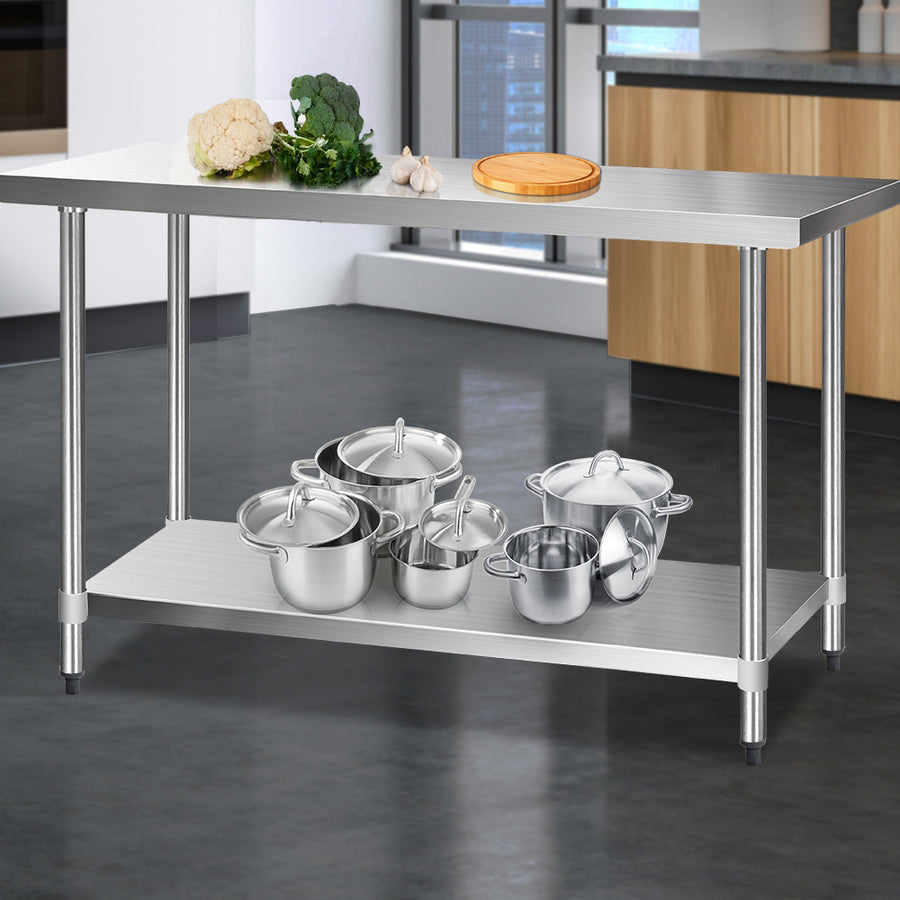 Cefito stainless steel kitchen bench with undershelf and steel legs, image 8