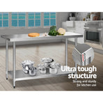 Cefito stainless steel kitchen bench with undershelf and steel legs, adjustable bullet feet
