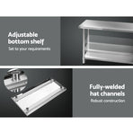 Cefito stainless steel kitchen bench with undershelf and steel legs, fully welded hat channels