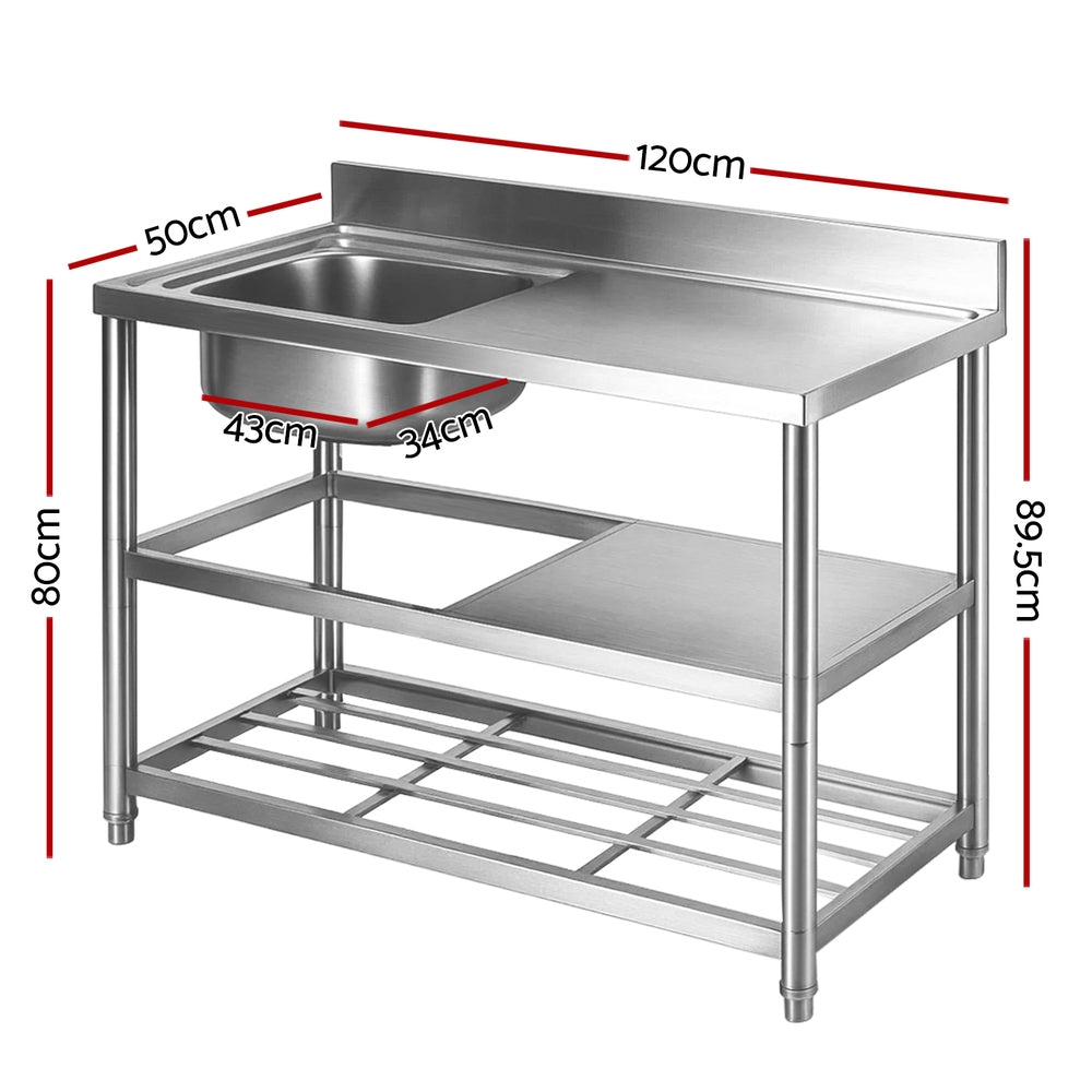 Cefito Stainless Steel Kitchen Bench Work Table with Sink Splashback 120cm