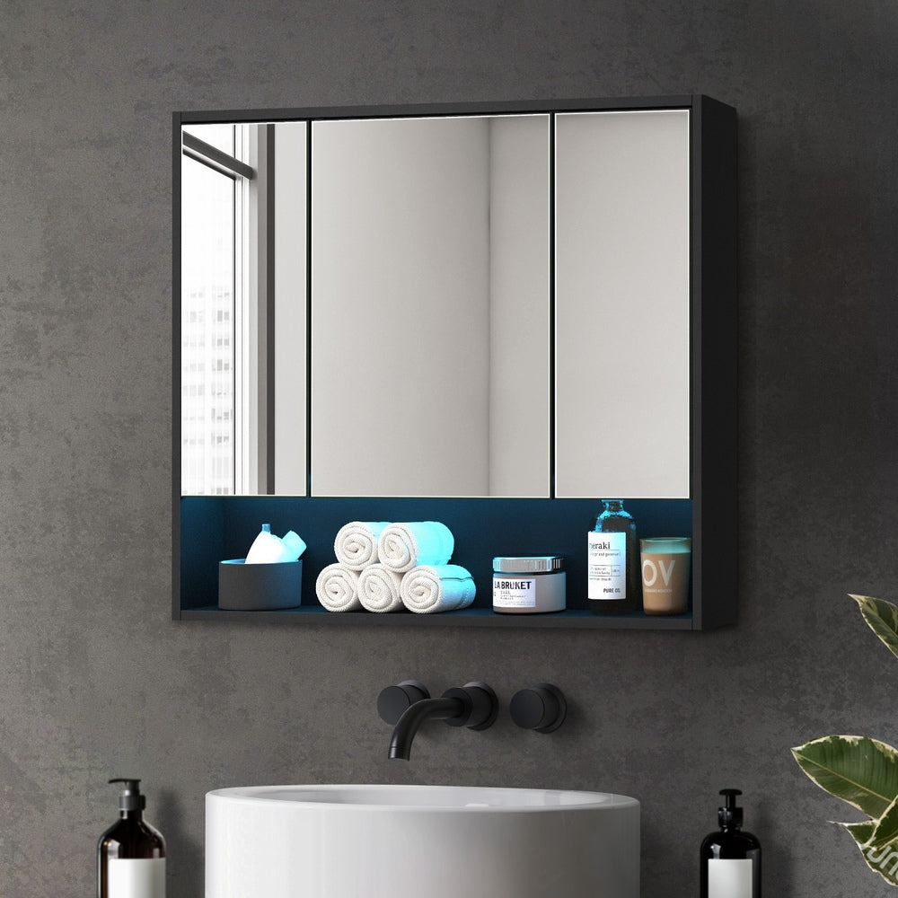 Welba Bathroom Mirror Cabinet LED Wall Storage 900x750mm Black