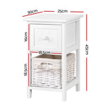 Artiss Bedside Table 1 Drawer with Basket Rustic White X2 - Front View
