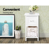 Artiss Bedside Table 1 Drawer with Basket Rustic White X2 - Side View