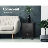 Artiss Bedside Table 3 Drawers Vintage - THYME Black - Side View