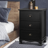 Artiss 2x Bedside Table 3 Drawers Vintage - THYME Black - Front View