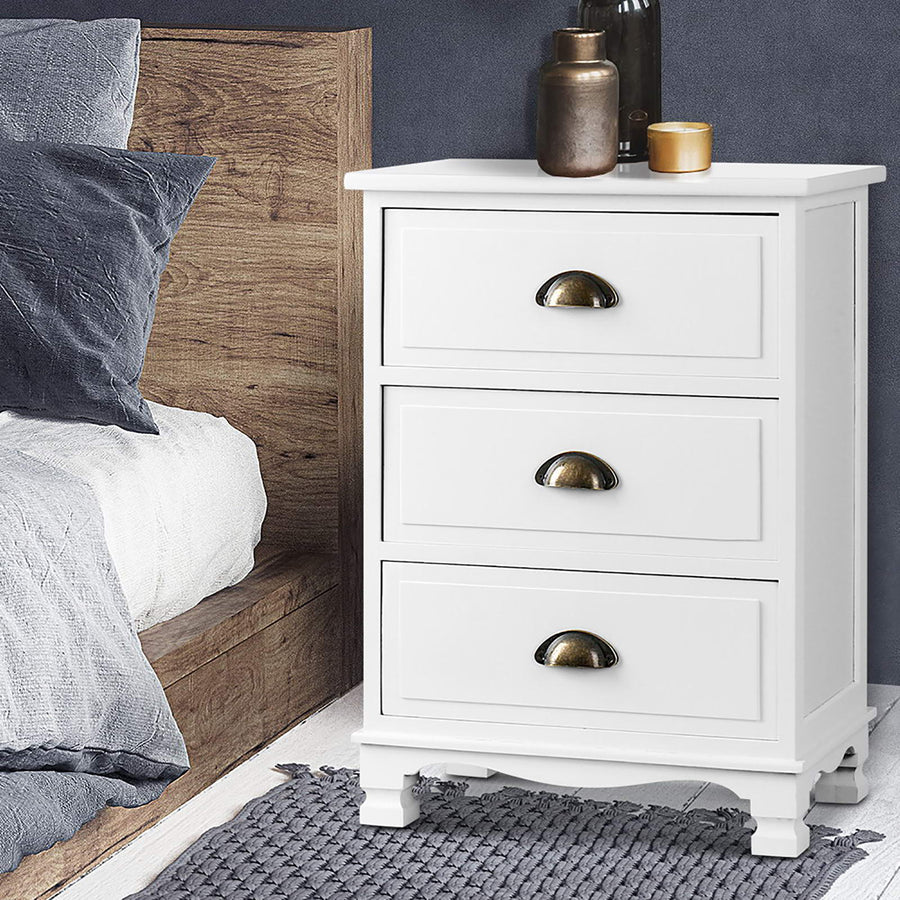 Artiss 2x Bedside Table 3 Drawers Vintage - THYME White, image 2