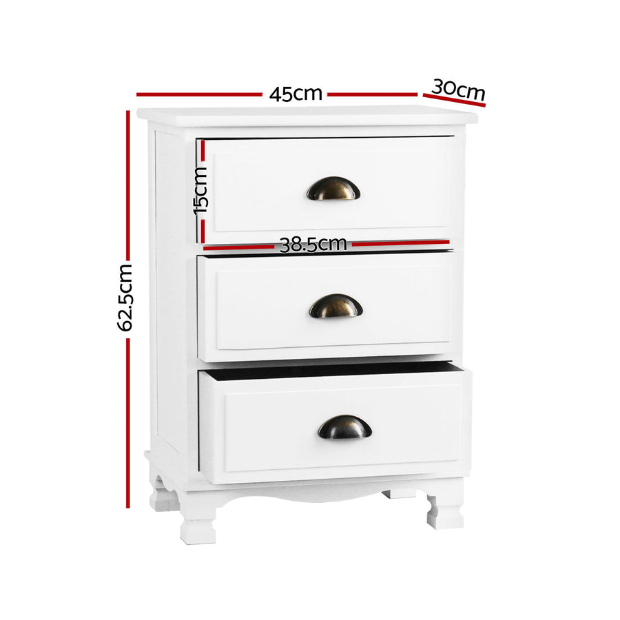 Artiss 2x Bedside Table 3 Drawers Vintage - THYME White, image 3