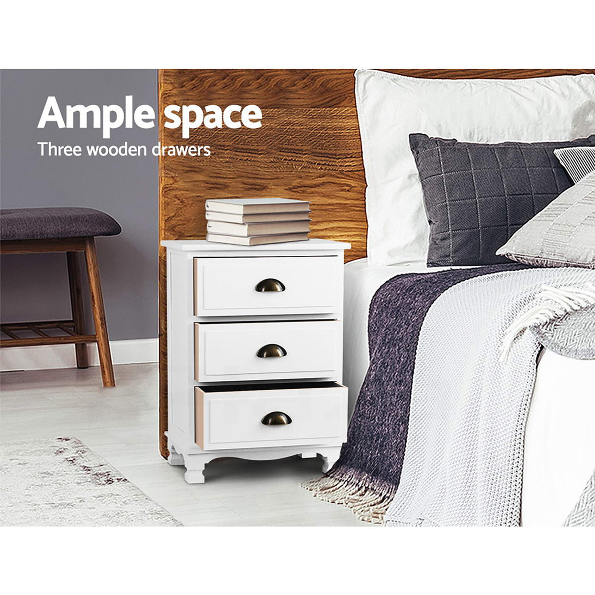 Artiss 2x Bedside Table 3 Drawers Vintage - THYME White