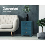 Artiss Bedside Table 3 Drawers Vintage - THYME Blue - Side View