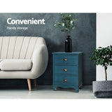 Artiss 2x Bedside Table 3 Drawers Vintage - THYME Blue - Side View
