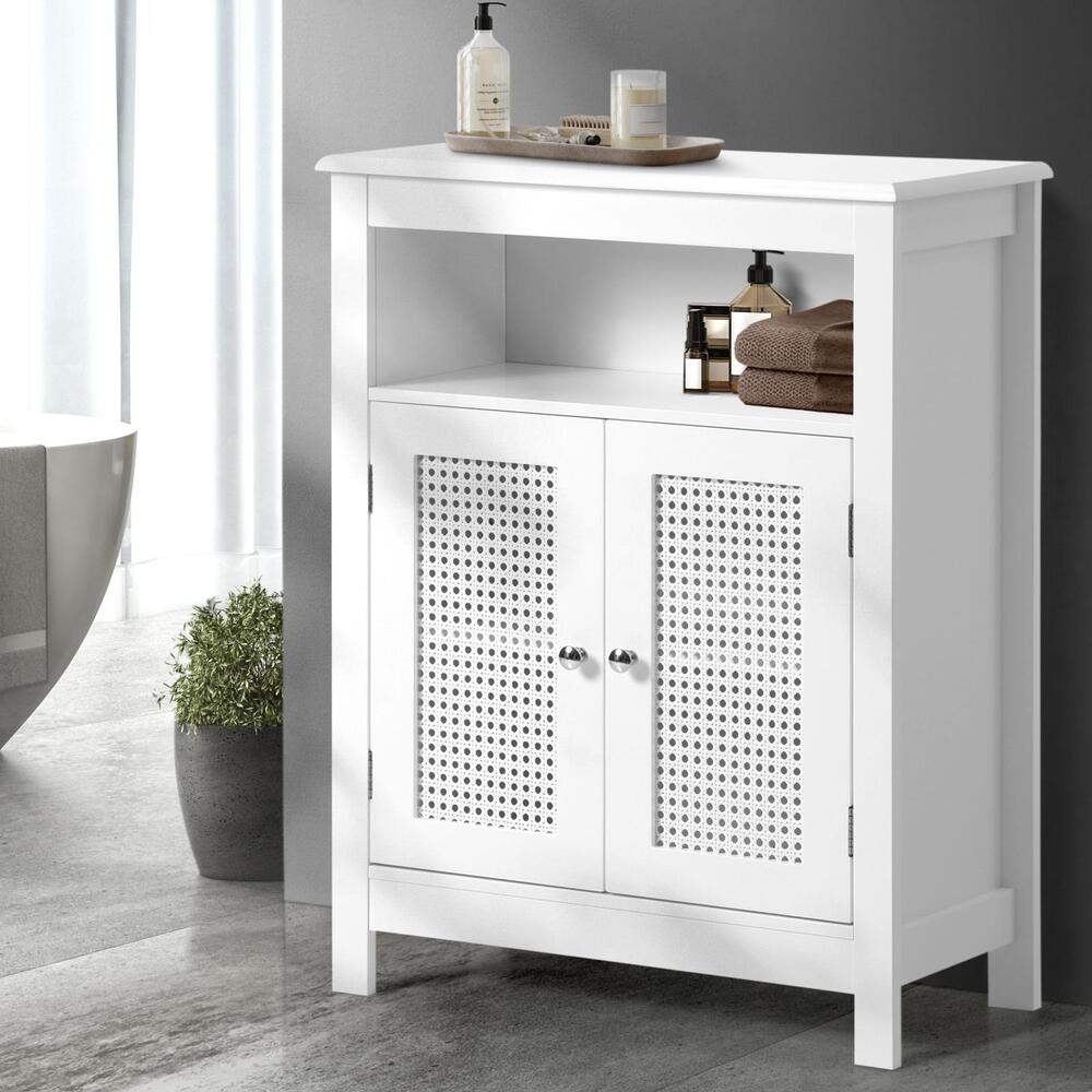 Oikiture Bathroom Cabinet Two Rattan Door White