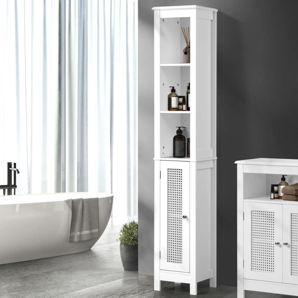 Oikiture Rattan Bathroom Cabinet Tall Slim White