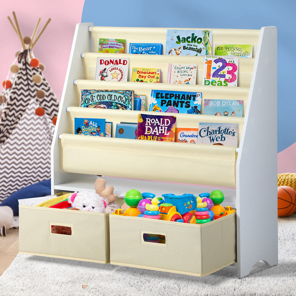 Oikiture 4 Tier Kids Storage Rack with 2 Drawers White&Beige